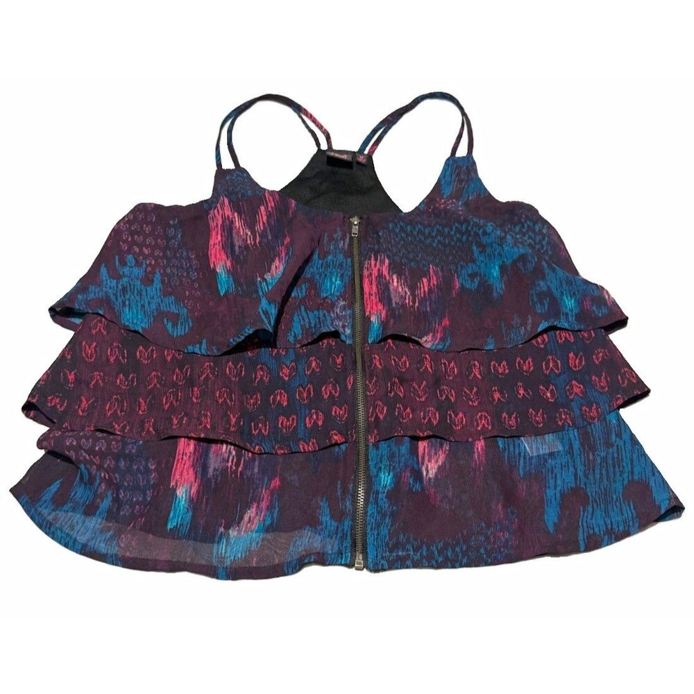 Material Girl Women’s Abstract Purple Blue Pink Ruffle Zip Sleeveless Cami M
